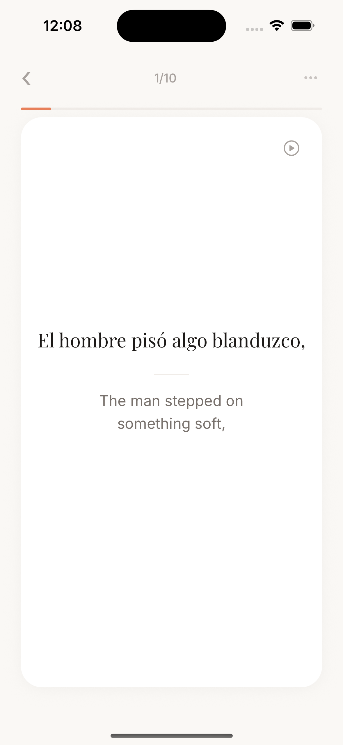 CodexTutor drill card showing Spanish text from A la Deriva