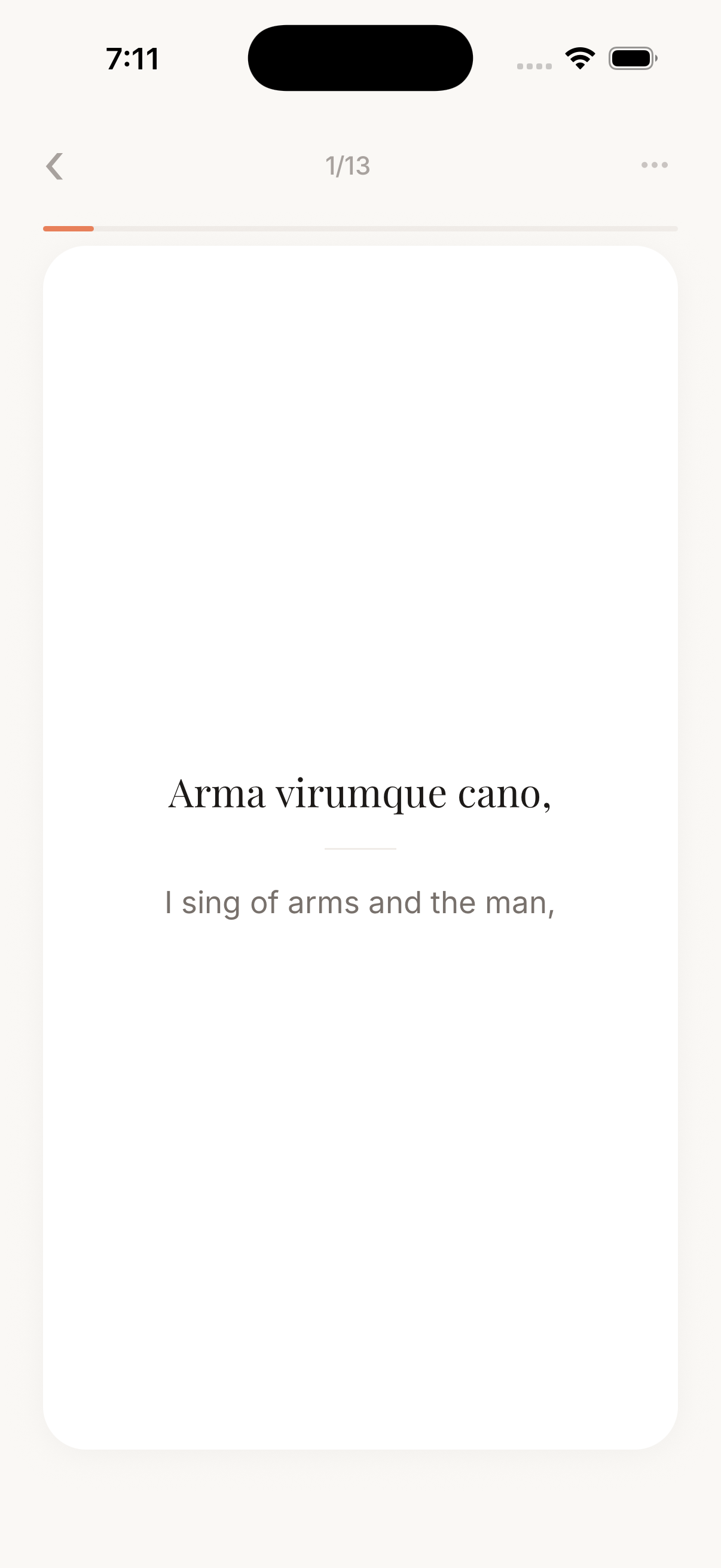 CodexTutor drill card showing the opening of Virgil’s Aeneid — ‘Arma virumque cano / I sing of arms and the man’